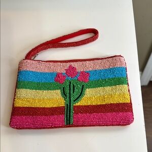 Red and Pink Clutch with Cactus Wristlet Strap 5x9”